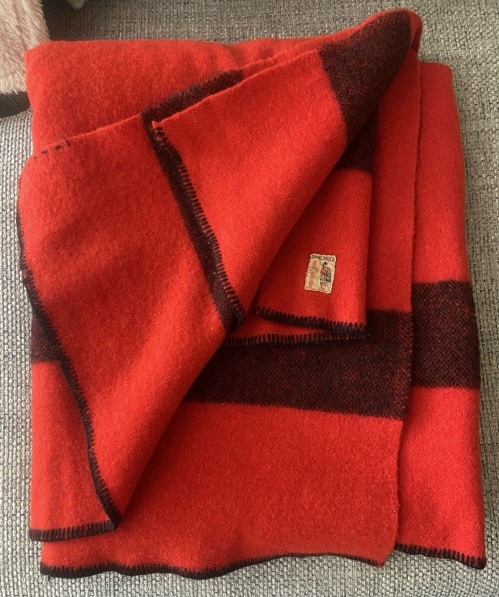 Vintage Highlander Red Striped Wool Blanket Pure Wool Cabin Camp 80x70 L 3.5 Pt